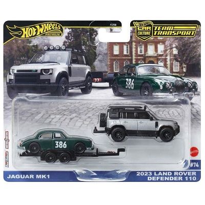 Hot Wheels - Pojazd transportowy 2023 Land Rover Defender 110 i Jaguar MK1 JBM29 FLF56