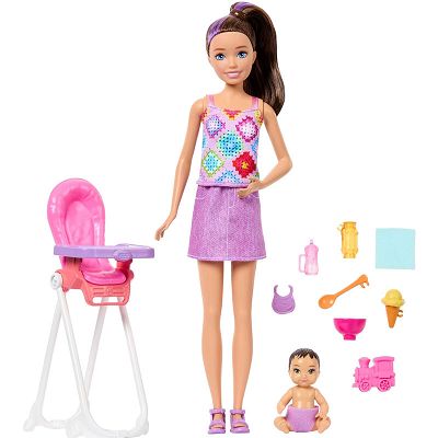 Barbie Skipper Opiekunka dziecięca z krzesełkiem do karmienia i maluszkiem JJB44