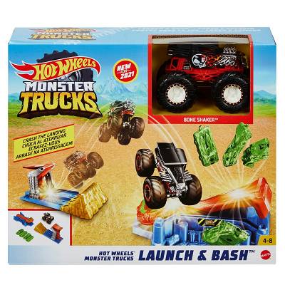 Hot Wheels Monster Trucks - Zestaw kaskaderskie lądowanie + Metalowy Pojazd Bone Shaker GVK08