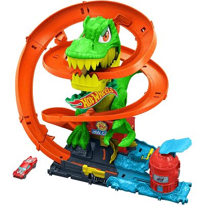 Hot Wheels City Zakręcony tor Remiza T-rexa Tor z dinozaurem JBM73
