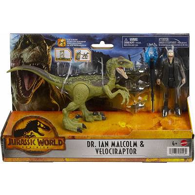 Jurassic World - Dinozaur + figurka Dr. Ian Malcolm & Velociraptor HGP77