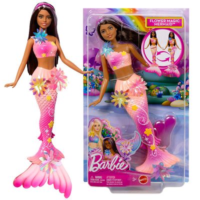 Barbie Syrenka Rozkwitające kwiaty Lalka z brązowymi włosami JDM73