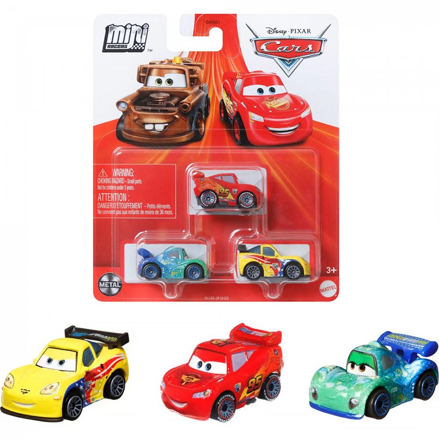 Disney Pixar Cars Mini Racers 3 Pack, Jeff Corvette, McQueen, Carla Veloso
